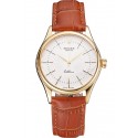 Swiss Rolex Cellini White Guilloche Dial Gold Case Light Brown Leather Strap